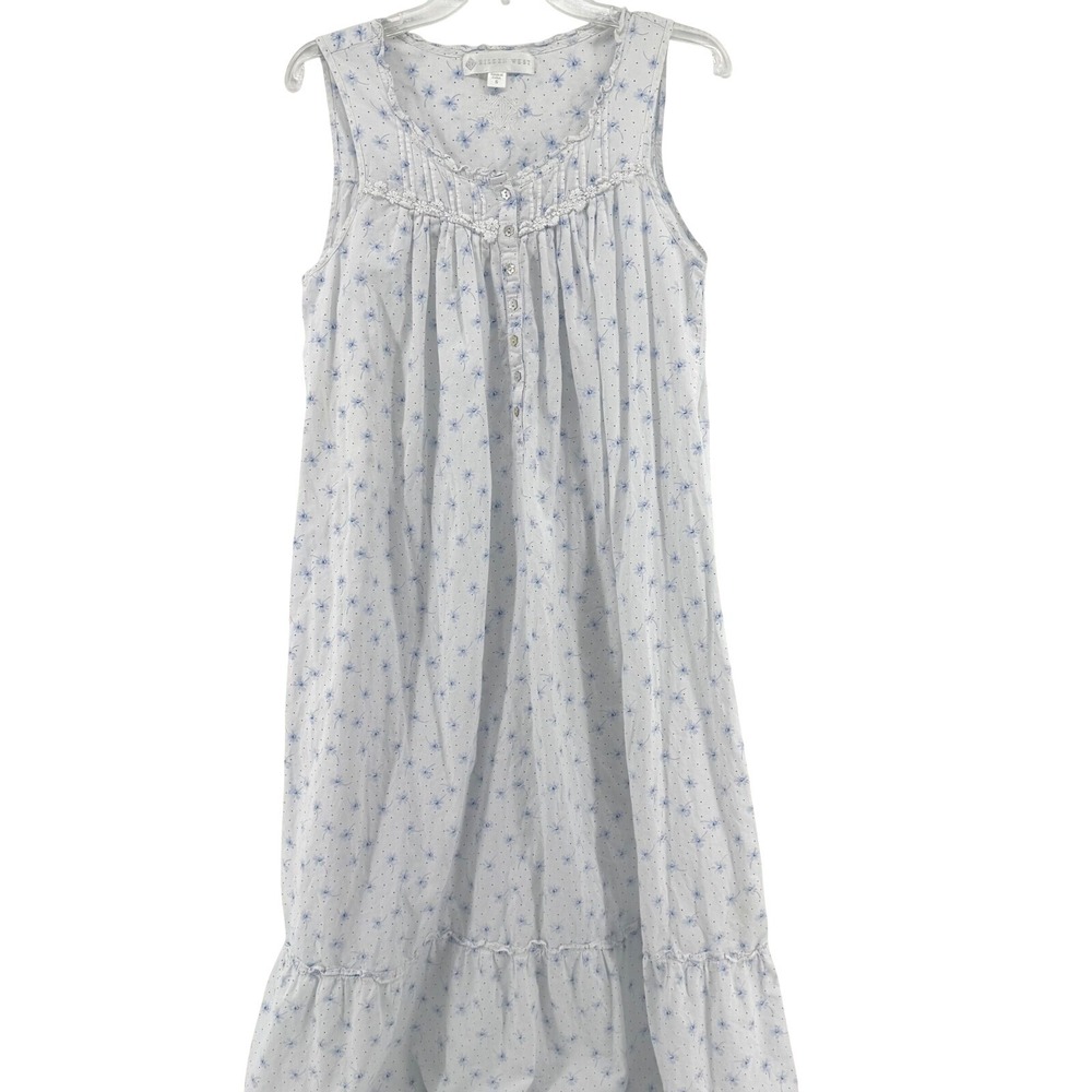 Eileen West Nightgown Womens Small White Blue Floral Cotton Lace Trim